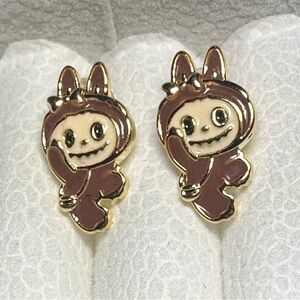 14K Gold Waving Labubu Monster Theme Enameled Stud Character Earrings Kawaii